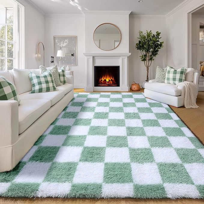 KICMOR Living Room Rugs 5x8 Sage Green and White, Large Fluffy Furry Shaggy - Image 5