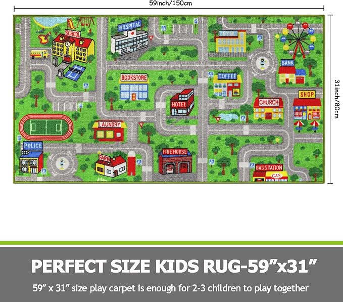 Capslpad Green Car Road Kid Rug Carpet Playmat - Image 2