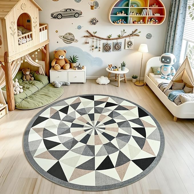 Terrug Grey and Beige Geometric Round Rug 5ft by TerrugHomeDecor