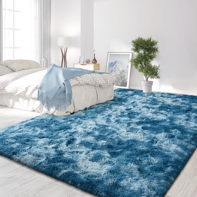 FlyDOIT Large Area Rugs for Living Room, 4x6 Feet Tie-Dyed Dark Blue Shaggy Rug - Image 3