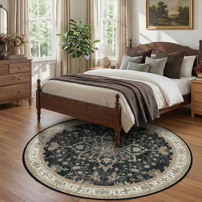 RELEANY Area Rugs Round 7ft Washable Non-Slip, Floral Vintage Distress - Image 2
