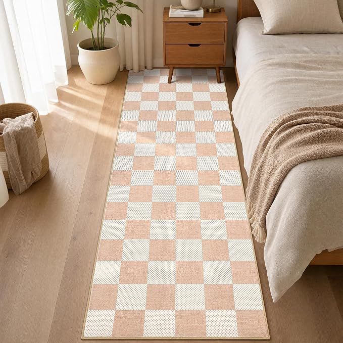 GarveeHome Checkered Blush Beige Neutral 2x6 Washable Kitchen Runner Rug - Image 3