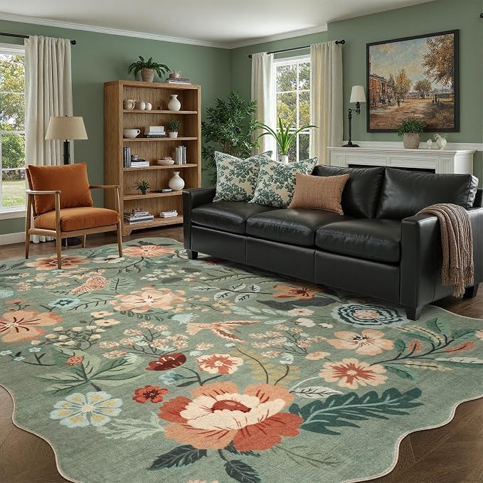 DCX Vintage Floral Rug 8x10, Washable Sage Green Rug by DCXWashableRug
