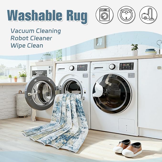 5x8 Area Rugs for Living Room Washable: Abstract Soft Thin Low Pile Blue Rug - Image 2
