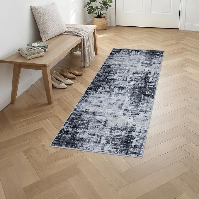 2'x6' Runner Rug Washable Rug: Modern Abstract Soft Thin Runner Rug Dark Black - Image 3