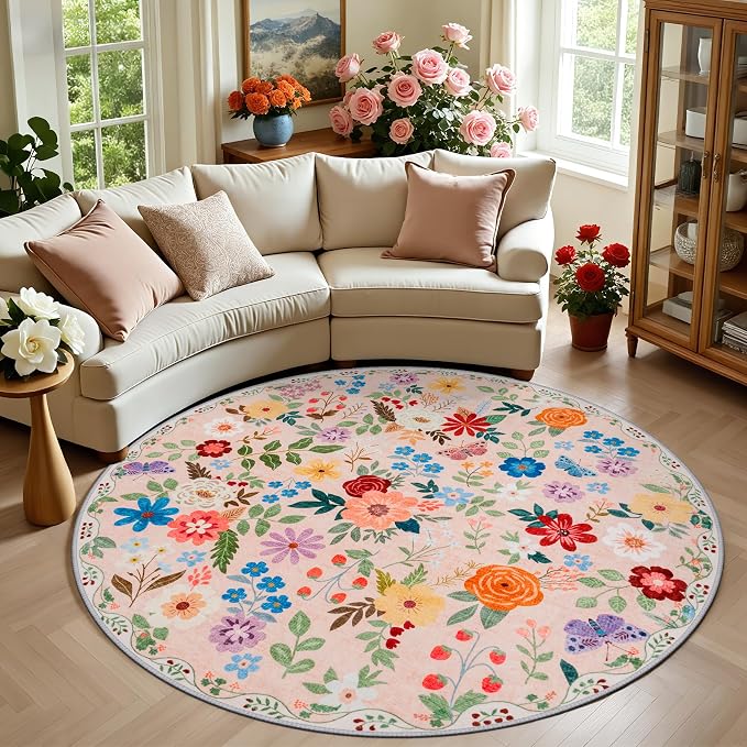 Round Area Rug for Living Room: 6 ft Floral Washable Circle Rug Soft Boho by PLHXFRSoftAreaRugs