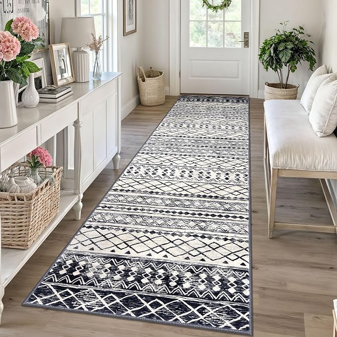 KUTA Moroccan Washable Runner Rug, 2.6x10 Non-Slip Vintage Black Navy Blue Boho by KUTA