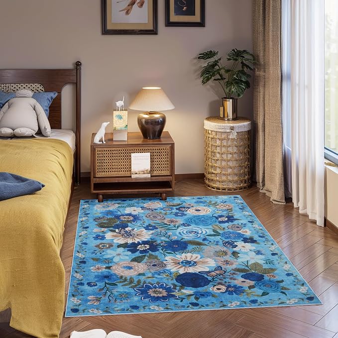 Area Rug 4x6 Rug Washable Boho Rugs Non Slip Low Pile Floral Small Carpet - Image 6