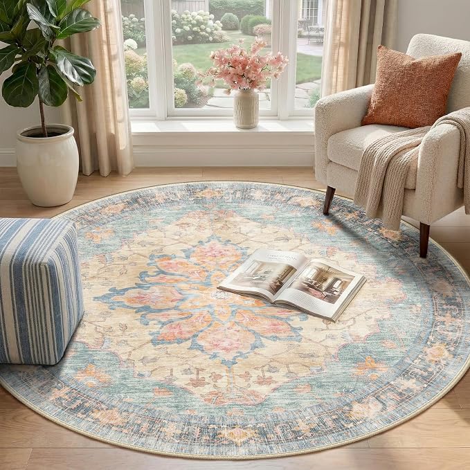 RELEANY Area Rugs Round 4ft Washable Non-Slip, Floral Vintage Distress - Image 2