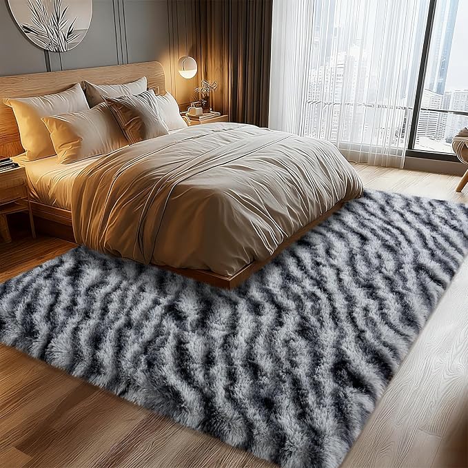 Fluffy Rugs for Living Room, 5x7 Ft Black White Zebra Shag Rugs for Bedroom - Image 4