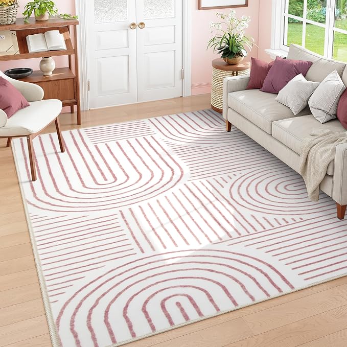 Lahome Abstract 8x10 Area Rugs, Soft Washable Rugs 8x10 Living Room Pink Rugs by Lahome