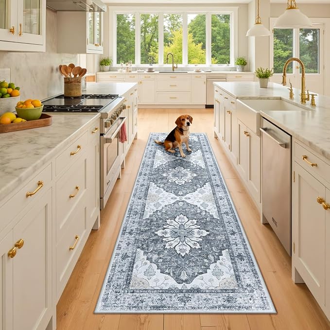 RELEANY Area Rugs Runner 2'6"x8' Washable Non-Slip, Floral Vintage Distress by RELEANY