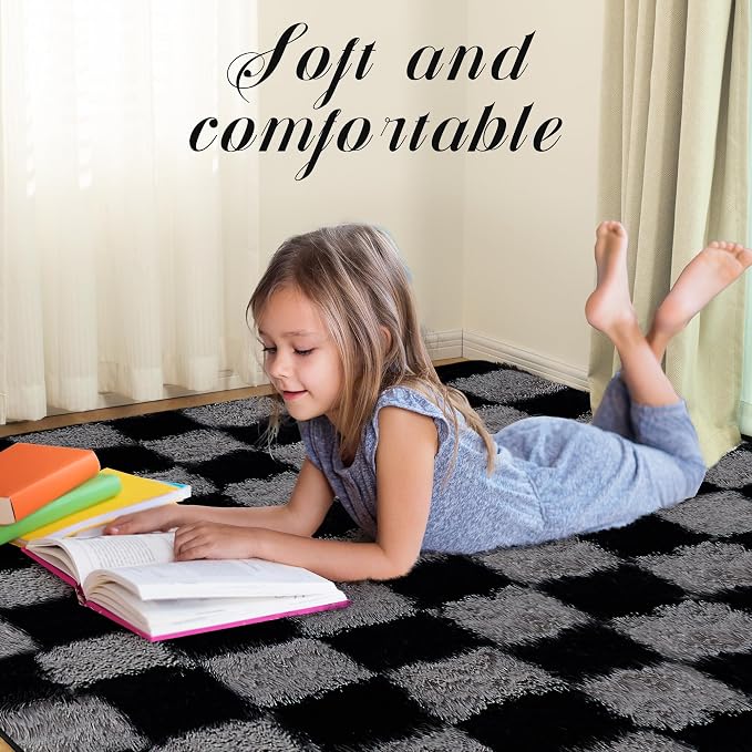 Super Soft Rug for Bedroom, 5x7 Ft Grey and Black Area Rug Classic Checkered - Image 2