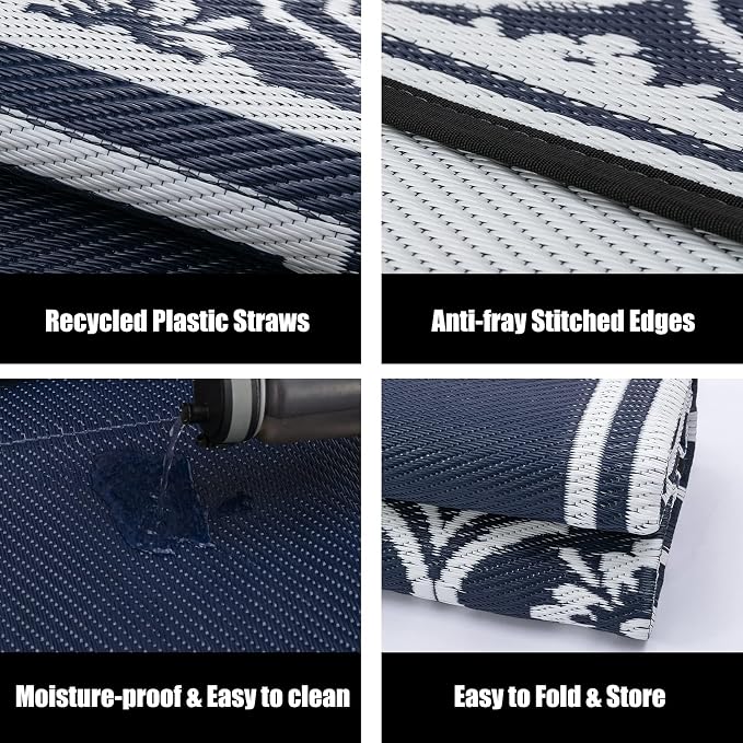 HUGEAR Outdoor Rug 8x10 Patio Camping Carpet Waterproof Mat Blue Outside - Image 6