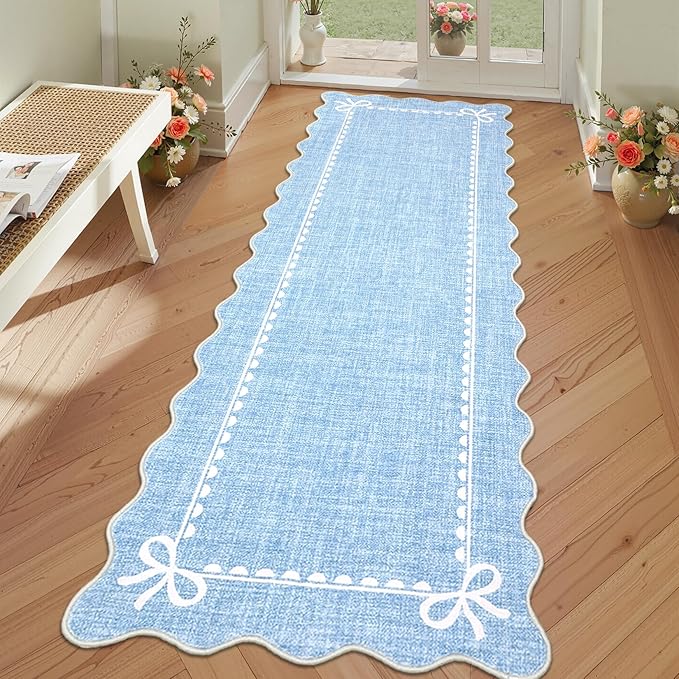 GarveeHome Scalloped Bow Rug for Living Room, Solid Blue Rug for Dorm, Washable by GarveeHome