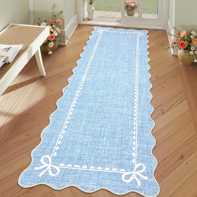 GarveeHome Scalloped Bow Rug for Living Room, Solid Blue Rug for Dorm, Washable - Image 2