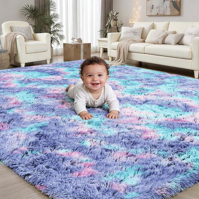 Rainbow 8x10 Fluffy Rugs for Girls Bedroom: Large Shag High Pile Area Rug by PLHXFRSoftAreaRugs
