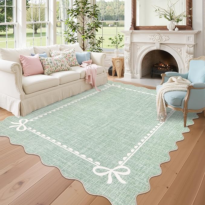 GarveeHome Scalloped Bow Rug for Living Room, Sage Green Rug for Dorm, Washable by GarveeHome