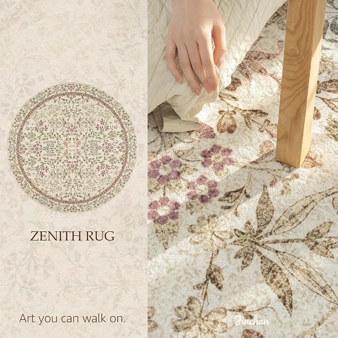 jinchan Zenith Round Rug 7ft Area Rug Soft 7'Round Vintage Floral Rug Non-Slip - Image 2