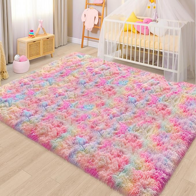 Cute Unicorn Rug for Girls Bedroom, 6x9 Plush Fluffy Princess Rainbow Area Rug - Image 3