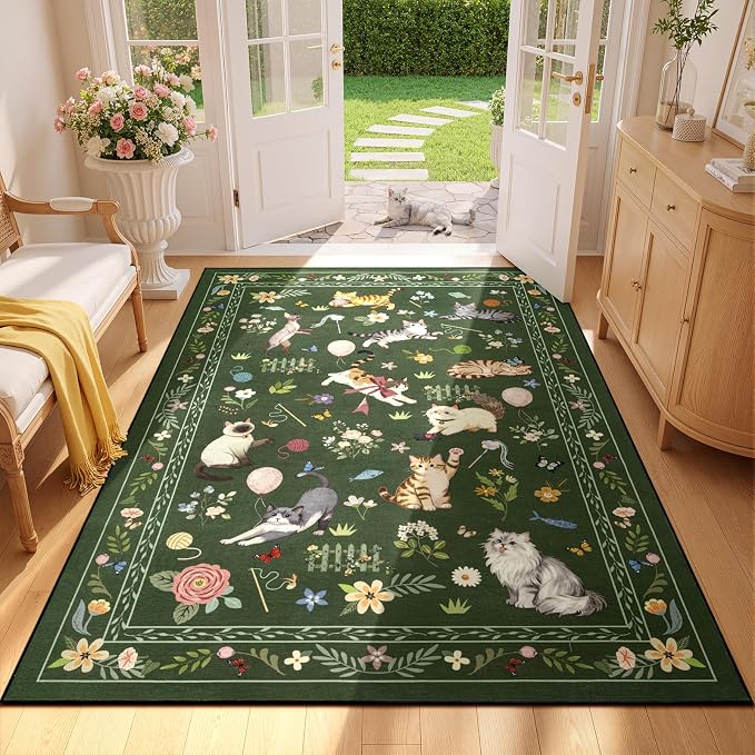 Unirea 3x5 Dark Green Cat Area Rug by UNIREA