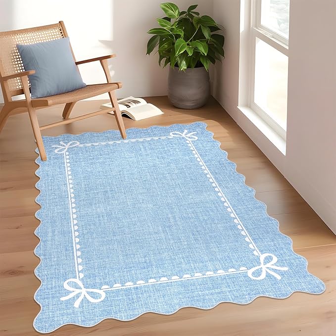 GarveeHome Scalloped Bow Rug for Living Room, Solid Blue Rug for Dorm, Washable - Image 2