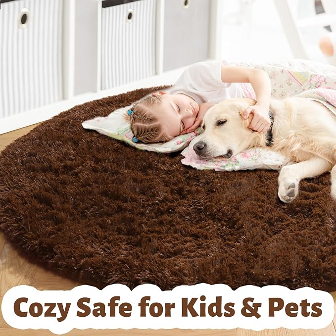 Amdrebio Dark Brown Rug 4Ft for Bedroom, Round Fluffy Shag Plush Area Rugs for - Image 6