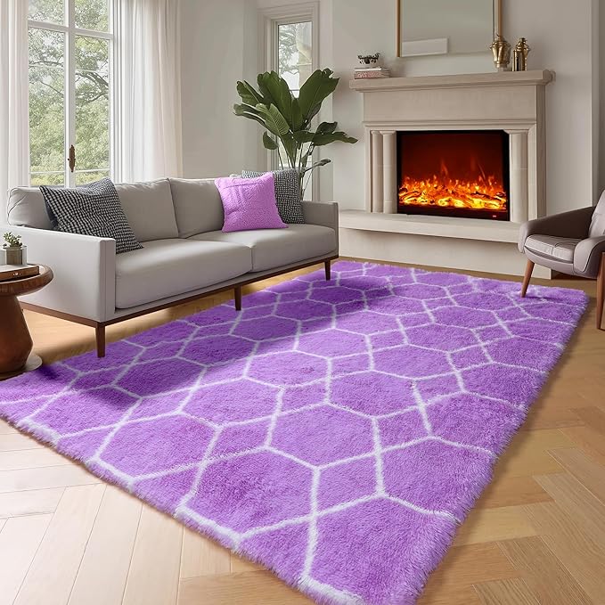 ONASAR 5x7 Area Rugs for Living Room Bedroom, Fluffy Purple and White Throw Rug by ONASAR