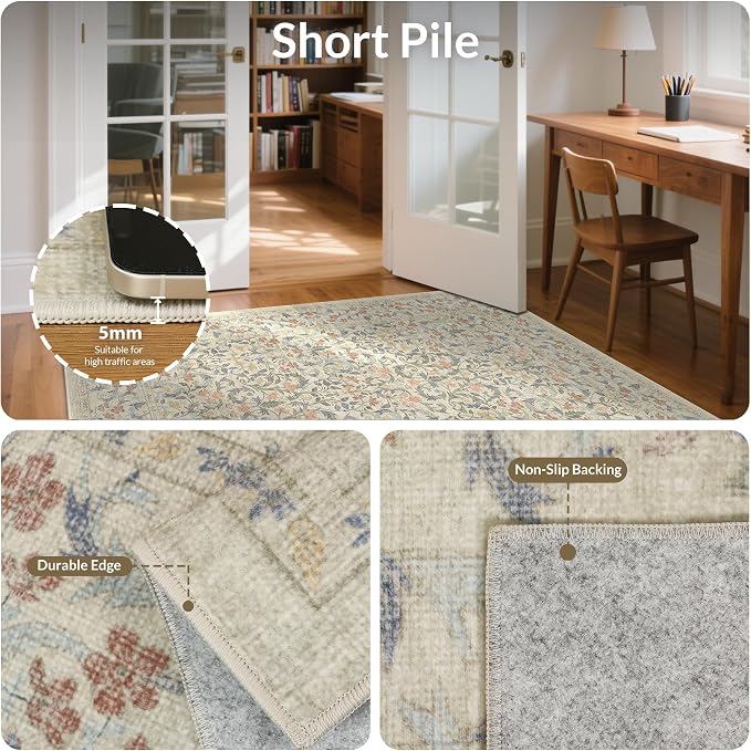 GENIMO 5x7 Washable Area Rug, Non-Slip Vintage Boho Floral Carpet, Soft - Image 6