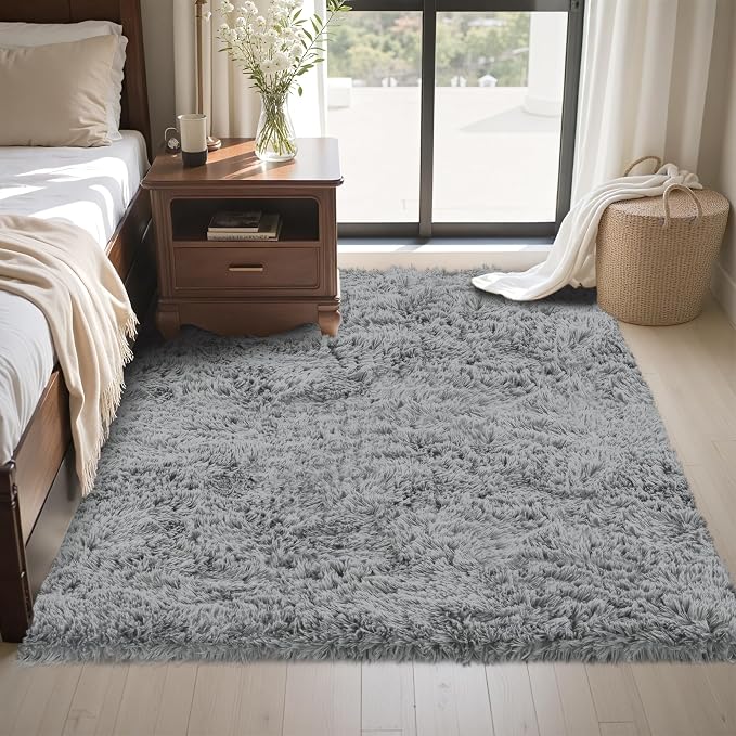 4x6 Area Rug for Living Room:Ultra Soft Fluffy Shag Light Grey Rugs, Large - Image 4