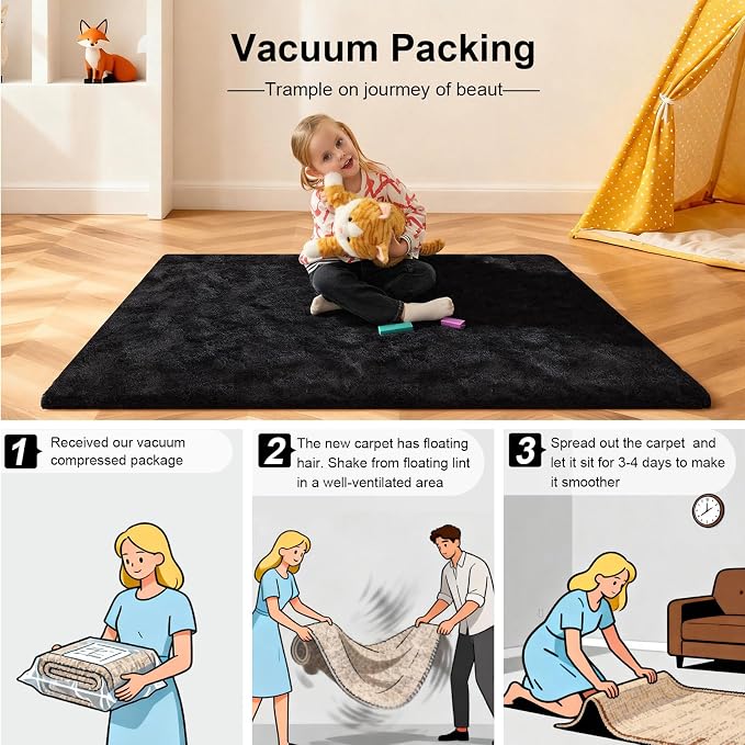 Black Rugs for Living Room, Large Fluffy 6x9 Area Rugs for Bedroom, Fuzzy Shag - Image 5