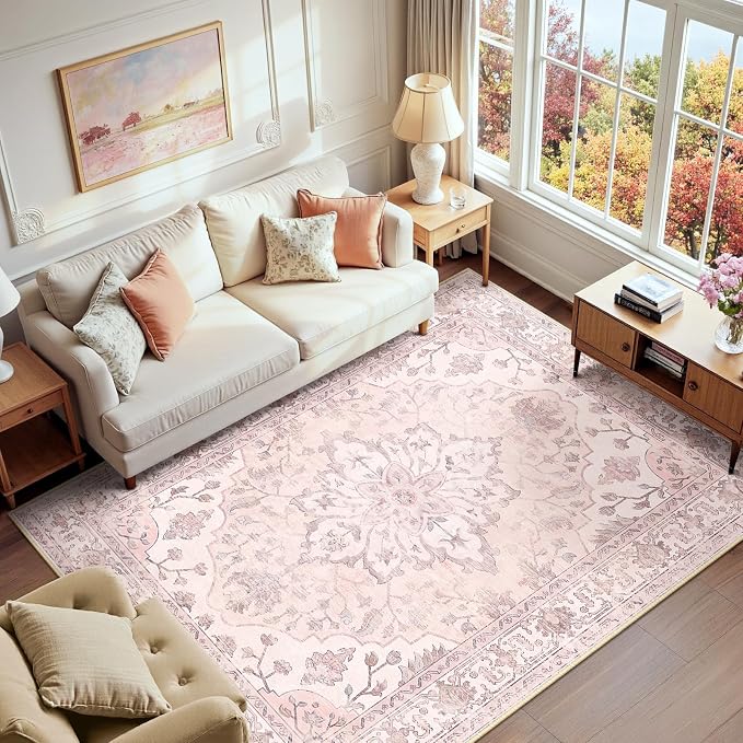 RELEANY Area Rugs 6'x9' Washable Non-Slip, Floral Vintage Distress Medallion by RELEANY