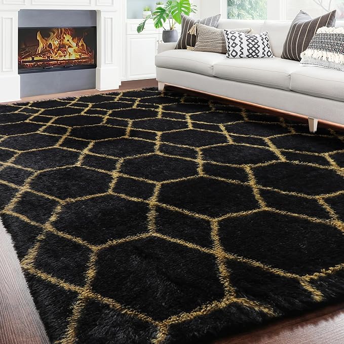 ONASAR 5x7 Area Rugs for Living Room Bedroom, Fluffy Black and Gold Faux Fur Rug - Image 5