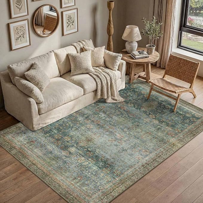 Latte&Fog 4x6 Rug for Living Room, Vintage Green Washable Area Rug, Boho Floral - Image 2