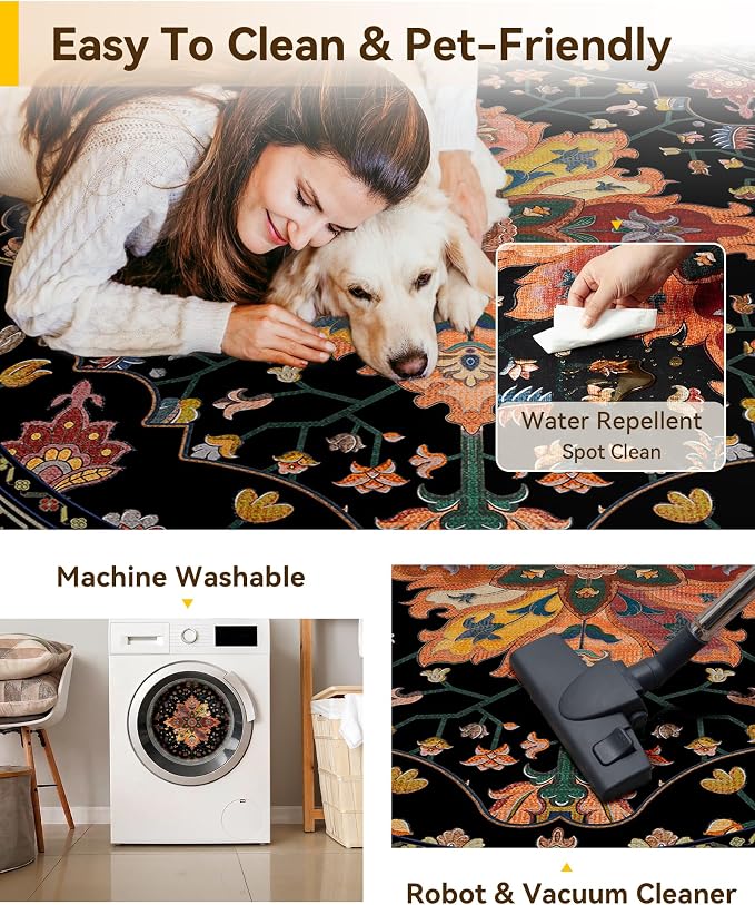 RELEANY Area Rugs Round 4ft Washable Non-Slip, Floral Vintage Distress - Image 4