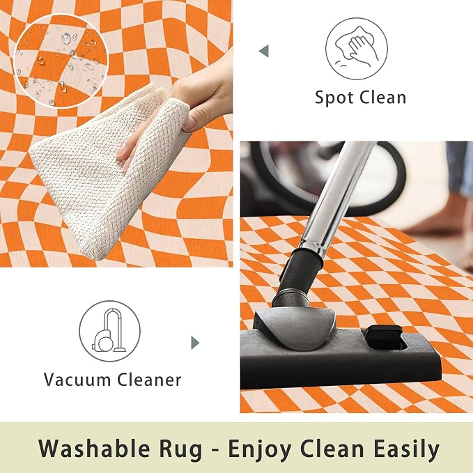 Orange Checkered Area Rug, Autumn Washable Area Rug 5x7 Large Rugs - Image 3