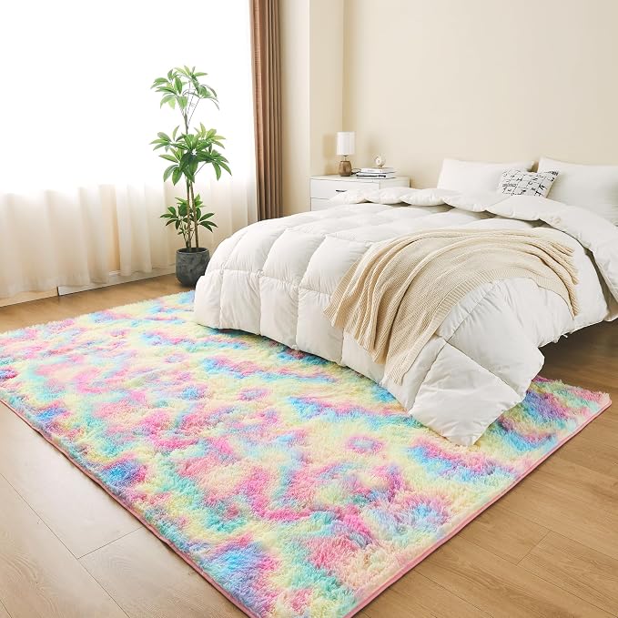 Litanika 5x8 Shag Area Rug for Living Room Bedroom, Tie-Dyed Rainbow High Pile - Image 3