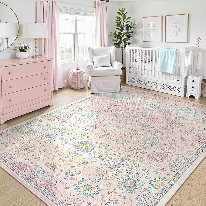 Lahome Pink Boho Area Rug, 8x10 Washable Rugs - Image 6