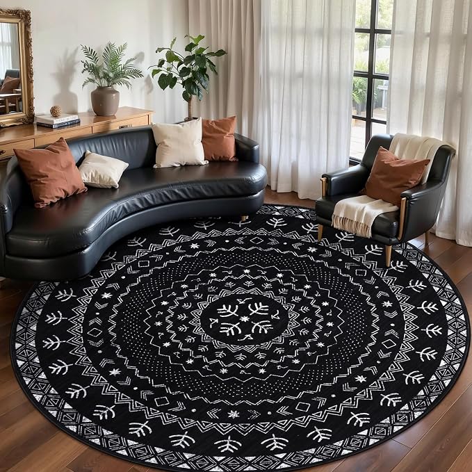 SERISSA Round Area Rug, 6ft Washable Non-Slip Black and White Boho Circle Rug by SERISSAHomeDecorCollection