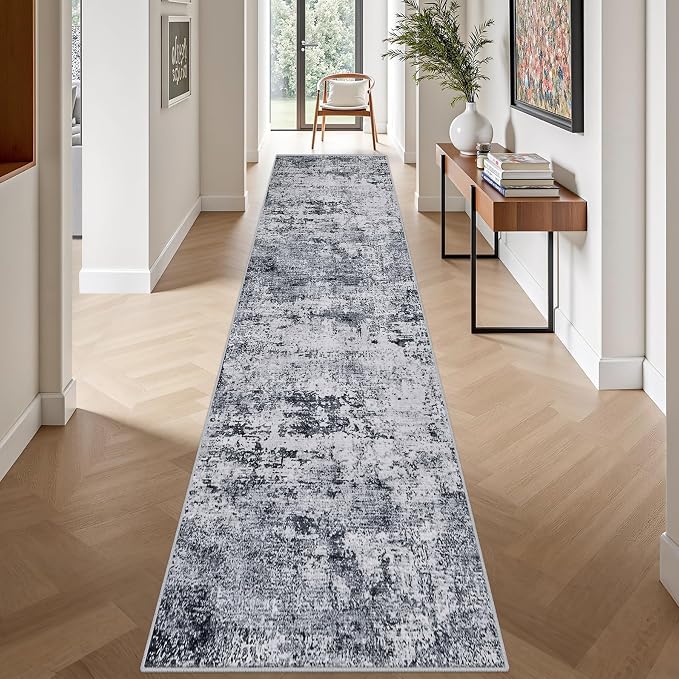 2.6'x14' Runner Rug Washable Rug: Modern Abstract Soft Thin Runner Rug Grey - Image 4