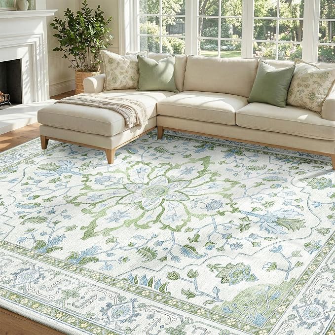 RELEANY Area Rugs 7'x9' Washable Non-Slip, Floral Vintage Distress Medallion by RELEANY