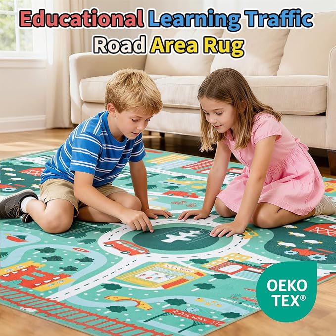 UKISS Educational Play Rug，55"x55" Traffic Road Kids Car Mat, Non-Slip Washable - Image 3