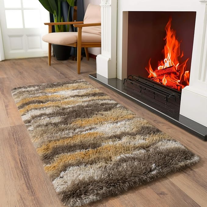 Soft Runner Rugs for Bedroom Hallways, 2x4 Abstract Brown Fluffy Shag Throw - Image 3