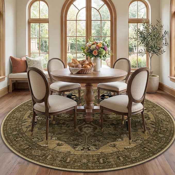 RELEANY Area Rugs Round 7ft Washable Non-Slip, Floral Vintage Distress by RELEANY