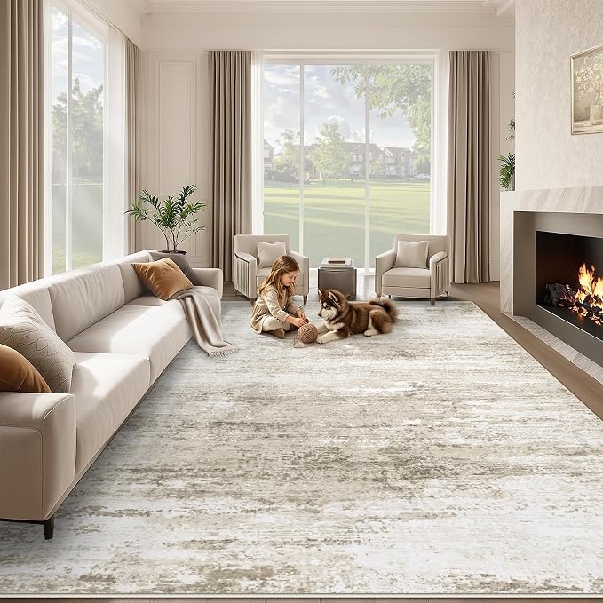 Washable Rug 9x12 Area Rugs for Living Room: Large Neutral Soft Rug Abstract by LOSBULAKE