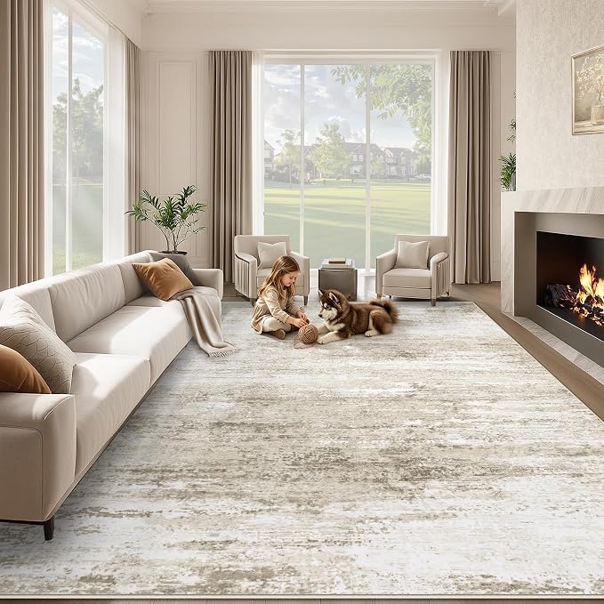 Washable Rug 8x10 Area Rugs for Living Room: Large Neutral Soft Rug Abstract by LOSBULAKE
