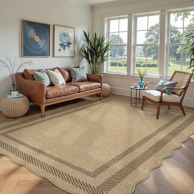 LIVEBOX Scalloped Washable 8x10 Rug, Easy Jute Tan Rug by LIVEBOX