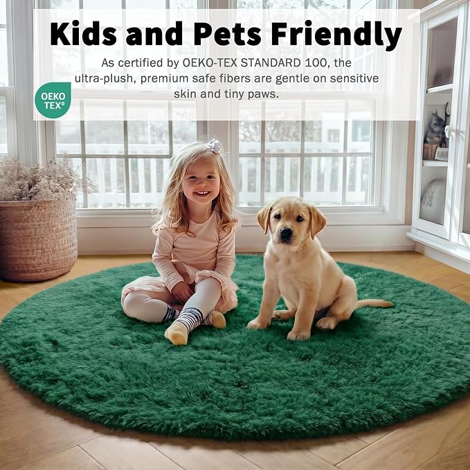 ONASAR Dark Green Round Area Rugs 5ft, Fluffy Soft Bedroom Circle Rug - Image 3