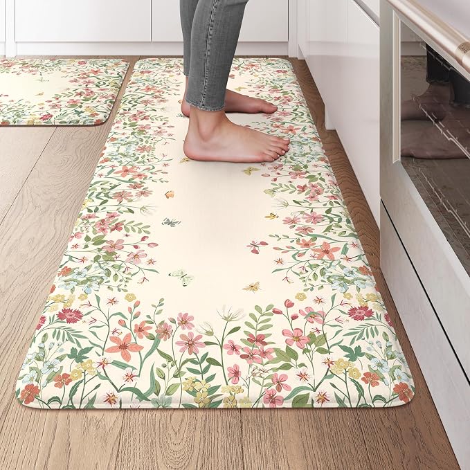 KIMODE Kitchen Mats for Floor Anti Fatigue, Flower Butterfly Kitchen Rugs Sets by StayinComfortCookwithJoy