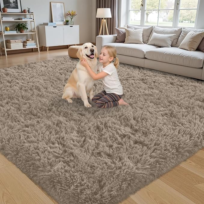 4x6 Area Rug for Living Room:Ultra Soft Fluffy Shag Grey Camel Rugs, Large - Image 4